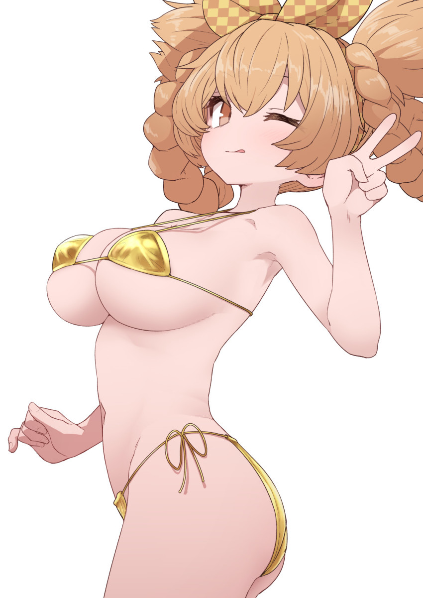 1girl, animal_print, ass, bad_id, bad_twitter_id, bare_shoulders, bikini, blonde_hair, bow, braid, breasts, checkered_bow, checkered_clothes, cleavage, closed_mouth, collarbone, cowboy_shot, dagon_(megido72), gold_bikini, hair_between_eyes, hair_bow, hair_ornament, halterneck, hand_up, highres, large_breasts, long_hair, looking_at_viewer, micro_bikini, navel, one_eye_closed, orange_bow, original, side-tie_bikini_bottom, simple_background, solo, string_bikini, sumiyao_(amam), swimsuit, tongue, tongue_out, twin_braids, two-tone_bow, v, white_background, yellow_bow, yellow_eyes