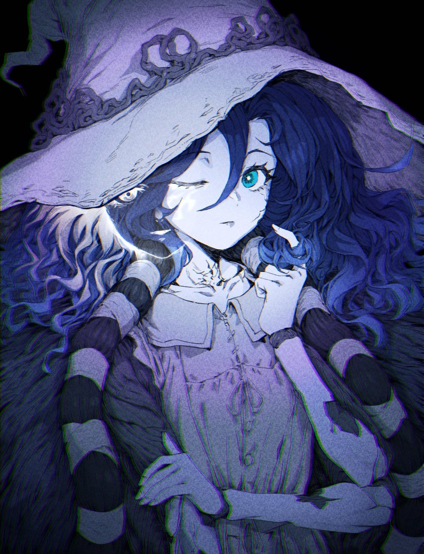 1girl, absurdres, black_background, blue_eyes, blue_hair, cloak, closed_mouth, commentary, cracked_skin, dress, elden_ring, extra_arms, extra_faces, flat_chest, fur_cloak, hair_between_eyes, twirling_hair, hat, highres, joints, long_hair, looking_at_viewer, mia_(39565899), one_eye_closed, ranni_the_witch, simple_background, solo, witch_hat