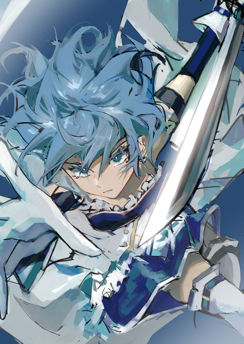 1girl, absurdres, armlet, armor, blue_background, blue_eyes, blue_gloves, blue_hair, blue_skirt, blue_theme, breastplate, cape, corset, cutlass, detached_sleeves, dutch_angle, elbow_gloves, expressionless, feet_out_of_frame, floating_hair, frilled_skirt, frills, furrowed_brow, gloves, highres, holding, holding_sword, holding_weapon, jewelry, jinfeng0430, looking_up, magical_girl, mahou_shoujo_madoka_magica, mahou_shoujo_madoka_magica_(anime), medium_hair, miki_sayaka, miki_sayaka_(magical_girl), outstretched_arm, saber_(weapon), simple_background, skirt, solo, sword, thighhighs, tsurime, weapon, white_cape, white_corset, white_gloves, white_thighhighs, white_trim