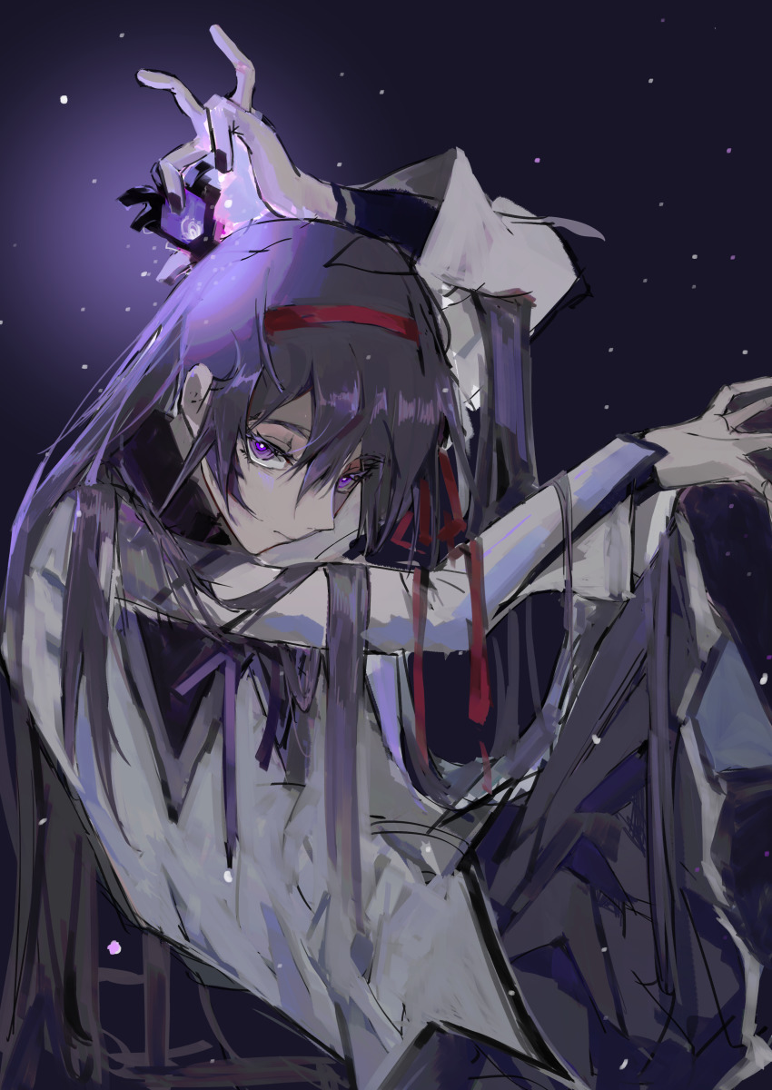 1girl, absurdres, akemi_homura, akemi_homura_(magical_girl), arm_up, black_background, black_hair, black_shirt