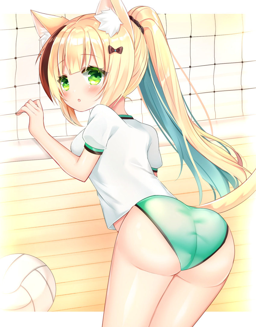 1girl, :o, animal_ear_fluff, animal_ears, ass, bad_anatomy, ball, blonde_hair