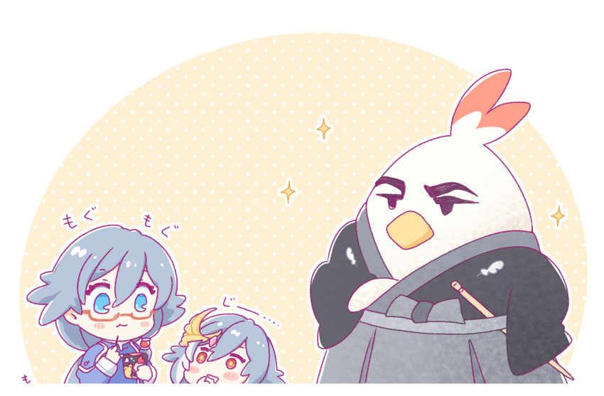 2girls, bird, black_hair, blue_eyes, chibi, chicken, china_dress, chinese_clothes