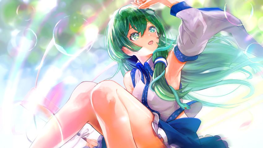 1girl, :d, abstract_background, armpits, blurry, blurry_background, bokeh, bow, breasts, bubble, depth_of_field, detached_sleeves, feet_out_of_frame, frog_hair_ornament, gohei, green_eyes, green_hair, hair_bow, hair_ornament, hair_tubes, highres, holding, holding_stick, iridescent, knees_together_feet_apart, knees_up, kochiya_sanae, long_hair, long_sleeves, looking_away, medium_breasts, omotyazukiyasan, open_mouth, shirt, simple_background, smile, snake_hair_ornament, solo, stick, touhou, white_shirt, wide_sleeves, wing_collar