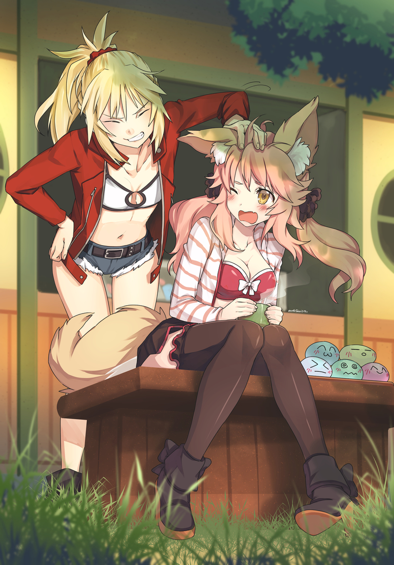 2girls, animal_ear_fluff, animal_ears, ankle_boots, belt, bent_over, black_footwear, black_hairband