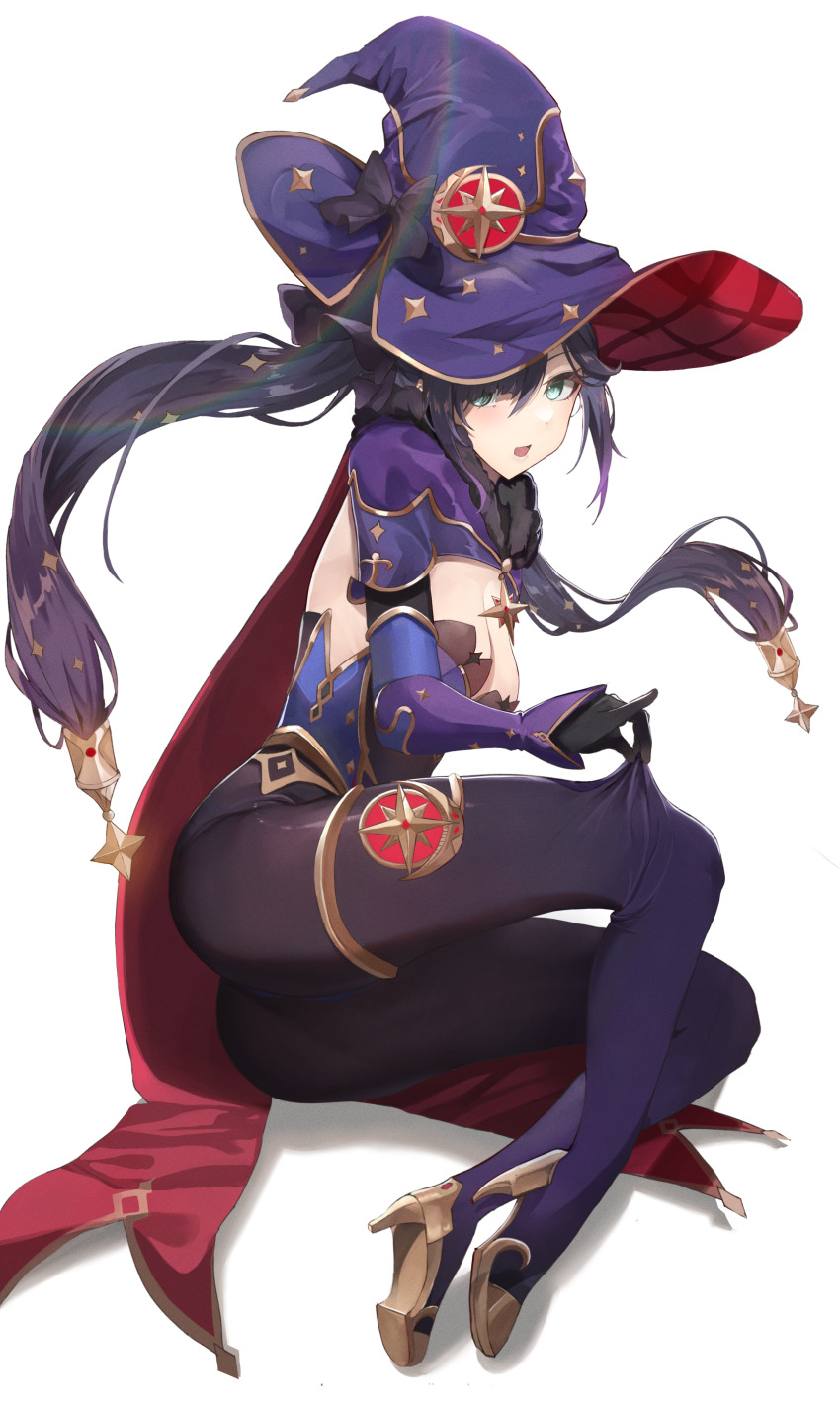 1girl, absurdres, ass, black_gloves, black_hair, black_pantyhose, breasts, capelet, cleave, clothes_pull, detached_sleeves, elbow_gloves, floating_hair, full_body, fur_collar, genshin_impact, gloves, gold_footwear, gold_trim, gradient_hair, green_eyes, hair_ornament, hat, high_heels, highres, jewelry, long_hair, lying, medium_breasts, megu_(jim48834420), mona_(genshin_impact), multicolored_hair, on_side, pantyhose, pantyhose_pull, pulling_own_clothes, purple_hair, purple_pantyhose, solo, sparkle_print, star_(symbol), star_hair_ornament, thighlet, twintails, witch_hat