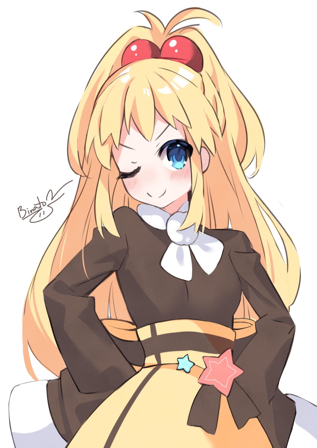 binato_lulu, blonde_hair, blue_eyes, bon_bons, breasts, collar, dress, highres, long_hair, medium_breasts, neptune_(series), one_eye_closed, pish, ribbon, skirt, smile, very_long_hair, wink