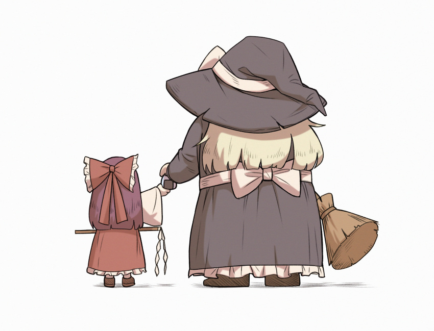 2girls, absurdres, back_bow, black_dress, blonde_hair, bow, broom, brown_footwear