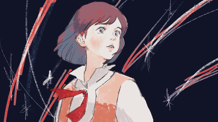 1boy, black_background, black_hair, blue_eyes, blush, brown_vest, highres, howl_no_ugoku_shiro, howl_(howl_no_ugoku_shiro), male_focus, medium_hair, neck_ribbon, parted_lips, red_ribbon, ribbon, rin_rinmo, shirt, solo, vest, white_shirt