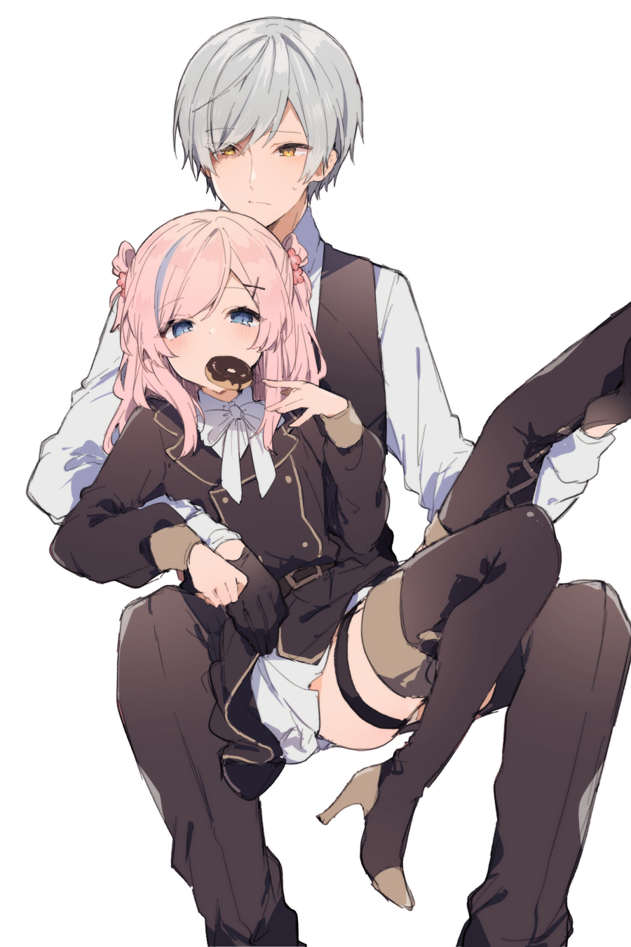 1boy, 1girl, blue_eyes, boots, brown_footwear, brown_gloves, brown_jacket, brown_pants