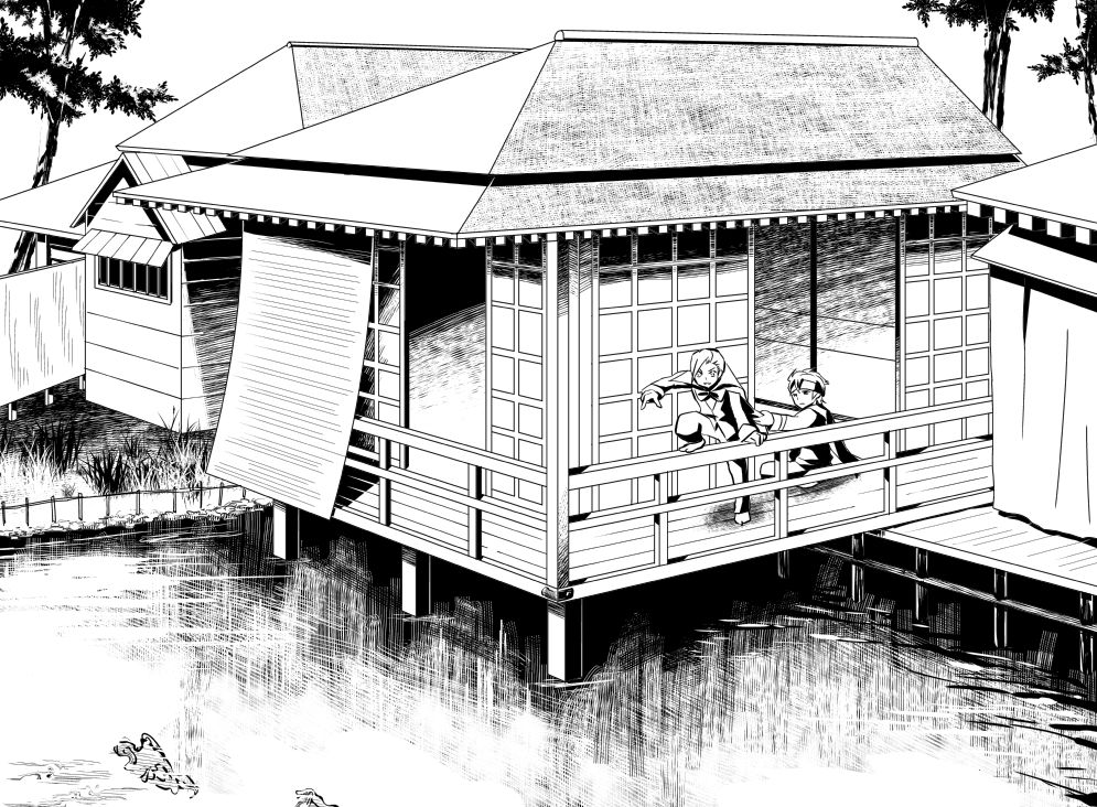 1990s_(style), 2boys, architecture, bad_id, bad_pixiv_id, bow, bowtie, cape