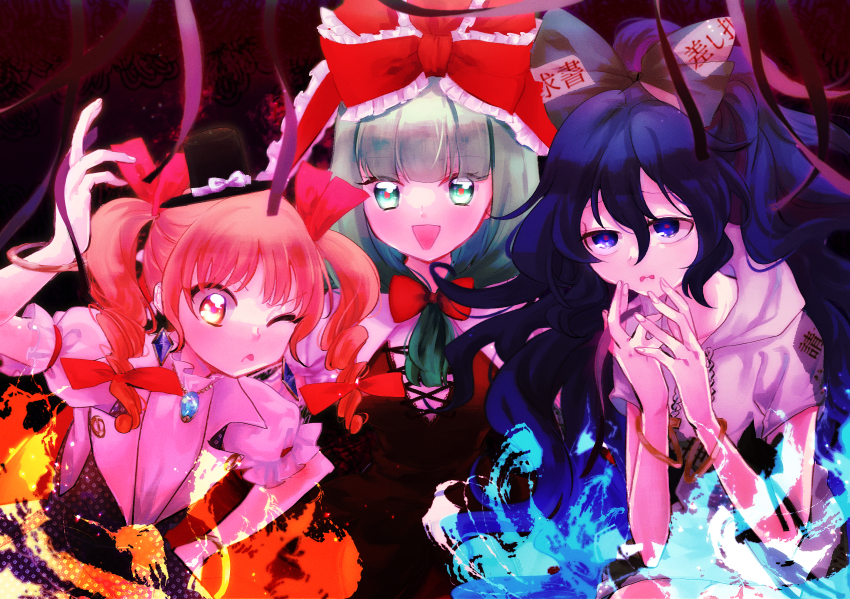 3girls, :d, :p, aura, black_headwear, blue_bow, blue_eyes, blue_hair