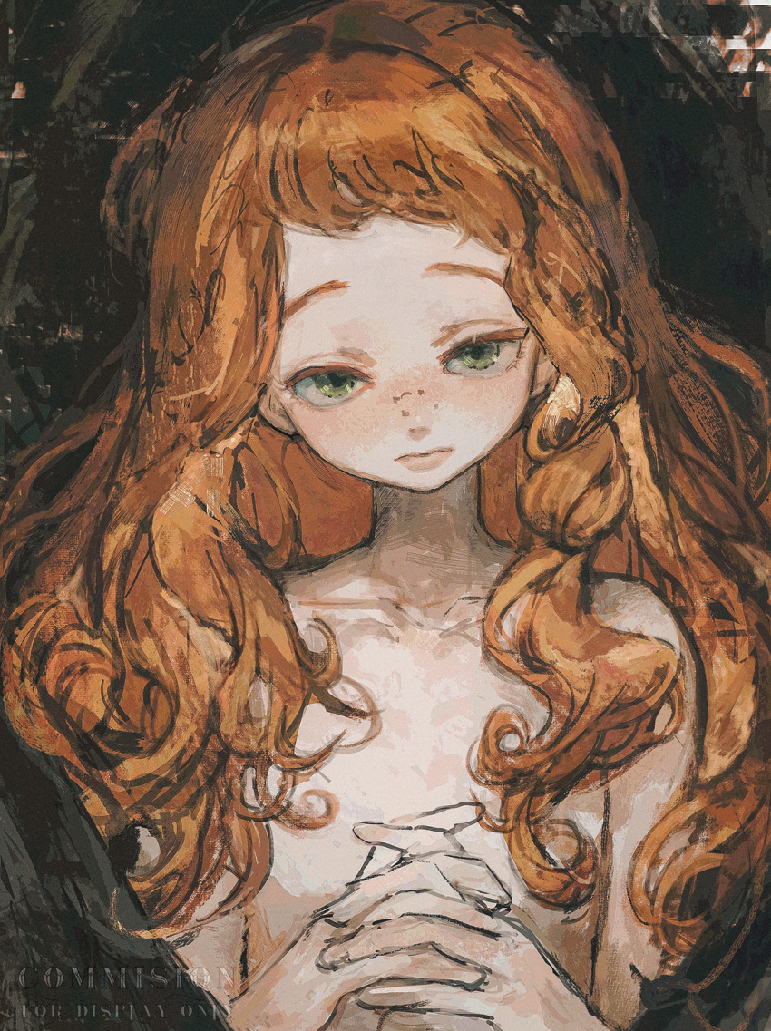 1girl, black_background, commentary_request, commission, flat_chest, freckles, green_eyes, half-closed_eyes, highres, interlocked_fingers, long_hair, looking_at_viewer, nude, orange_hair, original, orniflop, own_hands_clasped, own_hands_together, raised_eyebrows, solo, upper_body