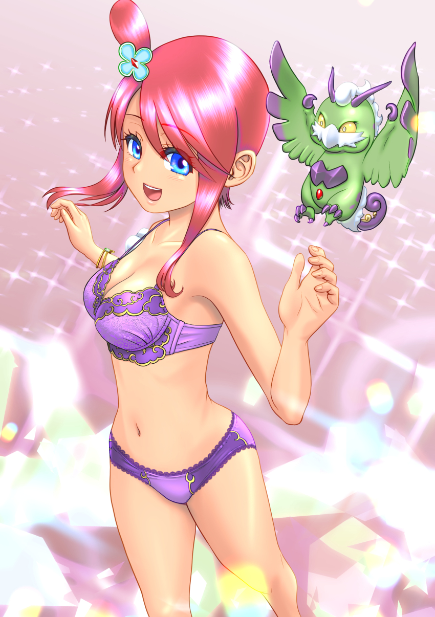 1girl, :d, absurdres, bare_arms, bare_legs, blue_eyes, bra, bracelet, breasts, cleavage, collarbone, gen_5_pokemon, hadairo_rainbow, hair_between_eyes, highres, jewelry, legendary_pokemon, medium_breasts, navel, nintendo, open_mouth, panties, pokemon, pokemon_(creature), pokemon_masters_ex, purple_bra, purple_panties, red_hair, short_hair_with_long_locks, sidelocks, skyla_(pokemon), smile, solo, standing, tornadus, tornadus_(therian), underwear, underwear_only