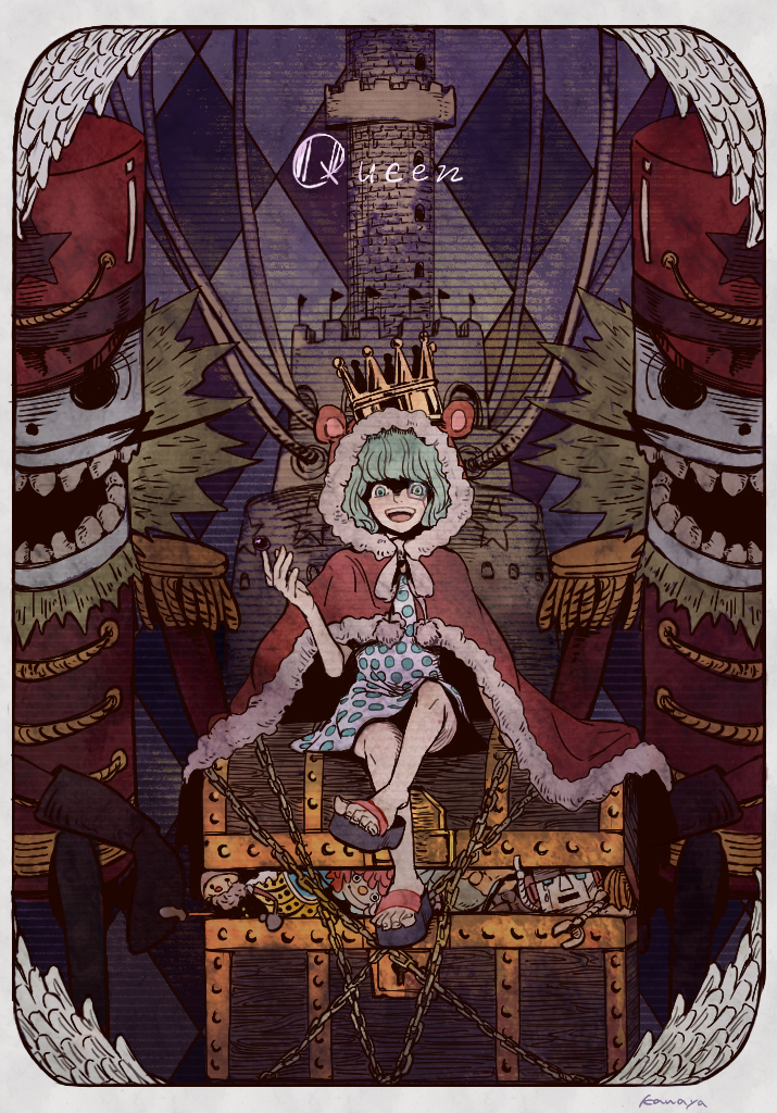 1girl, :d, animal_ears, asapbn, bear_ears, child, cloak, crown, dark, dress, fur_trim, green_hair, hood, hooded_cloak, monocle, one_piece, open_mouth, ribbon, sandals, smile, solo, sugar_(one_piece), tower, treasure_chest
