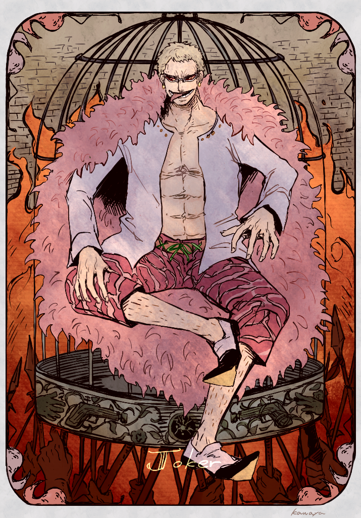 1boy, :d, asapbn, birdcage, blonde_hair, cage, coat, disembodied_hand