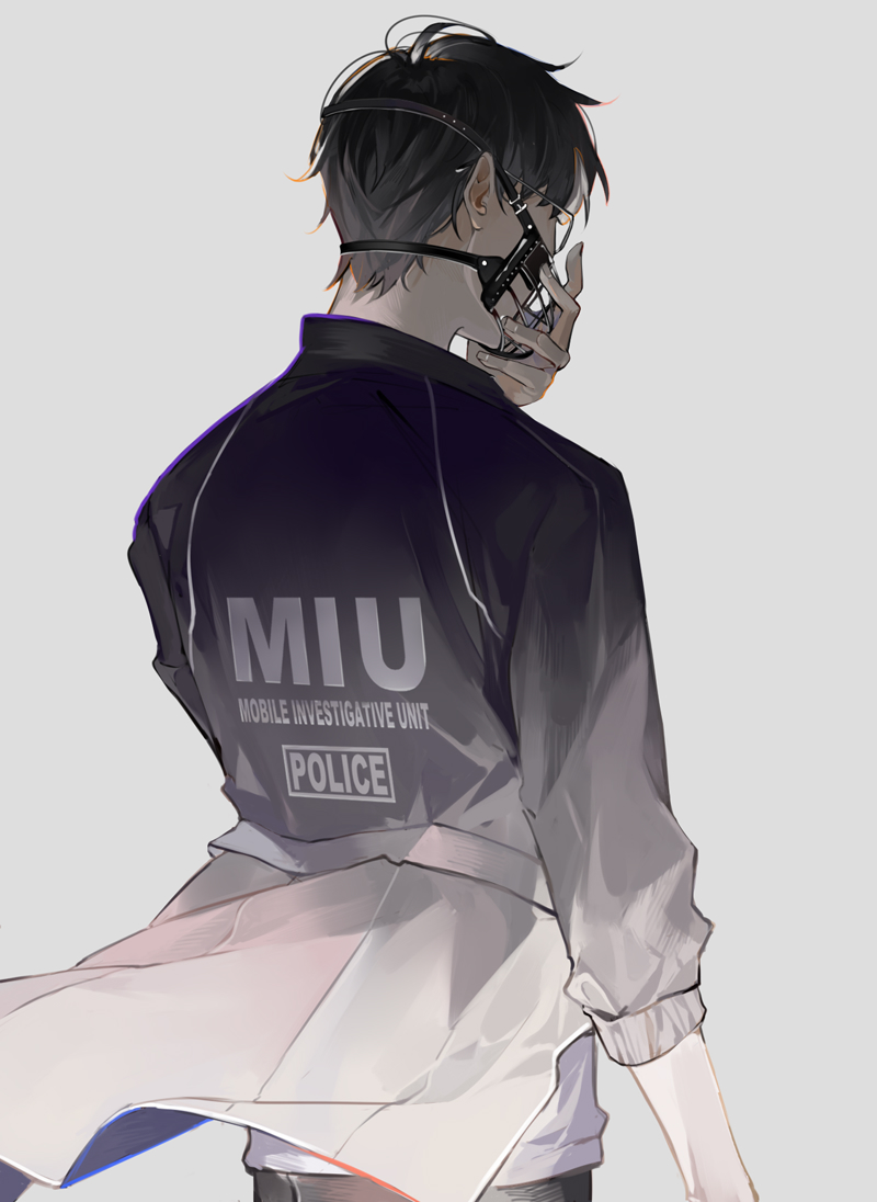 1boy, black_hair, black_jacket, clothes_writing, from_behind, glasses, grey_background, hand_on_mask, hand_up, ibuki_ai, jacket, male_focus, miu404, muzzle, shirt, short_hair, suyako_(suya93), upper_body, white_shirt, wind, wind_lift