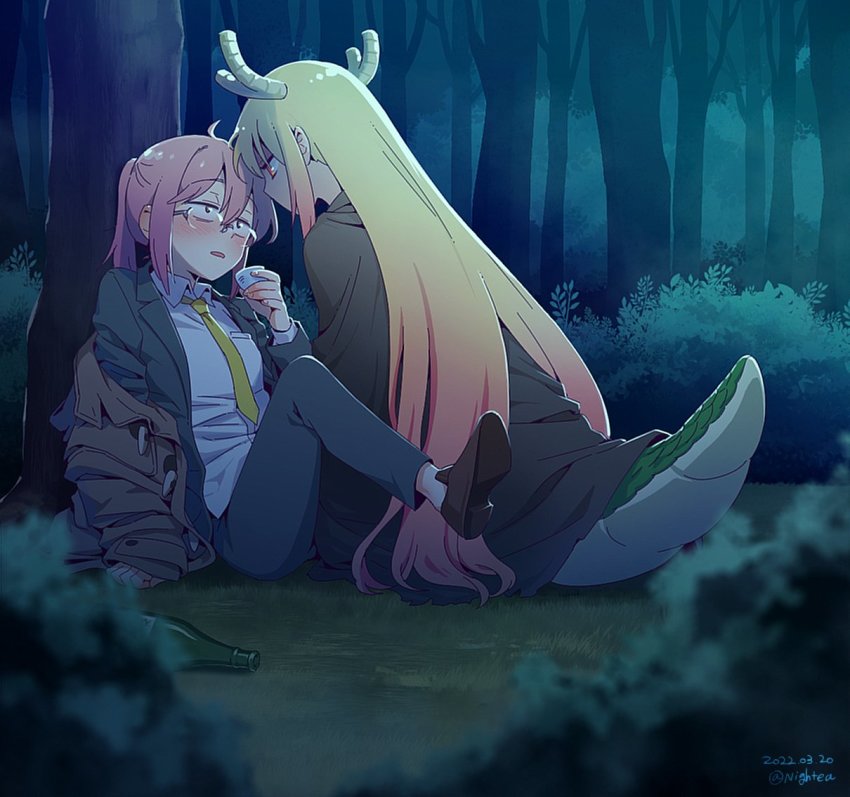 2girls, blonde_hair, blush, bottomless, brown_cloak, brown_hair, brown_jacket, cloak, collared_shirt, commentary_request, cup, dated, dragon_girl, dragon_horns, dragon_tail, drunk, eye_contact, face-to-face, forest, formal_clothes, holding, holding_cup, horns, jacket, kobayashi-san_chi_no_maidragon, kobayashi_(maidragon), korean_commentary, long_hair, long_sleeves, looking_at_another, multiple_girls, nature, necktie, nightea, parted_lips, ponytail, red_eyes, shirt, sitting, sleeves_past_wrists, suit, tail, tohru_(maidragon), tree, twitter_username, yellow_necktie, yuri