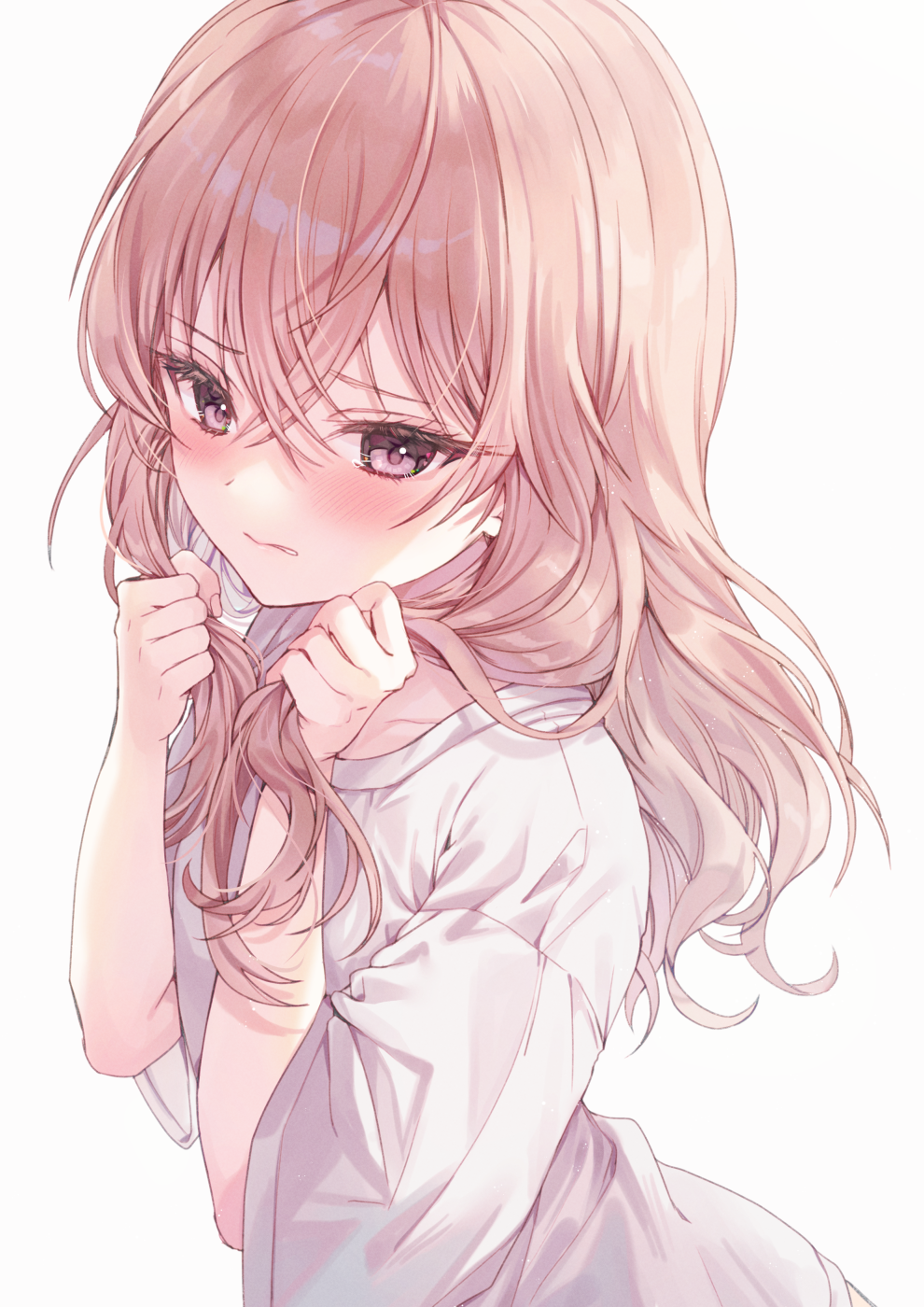 1girl, blush, collarbone, commentary_request, hair_between_eyes, hands_in_own_hair, highres, holding