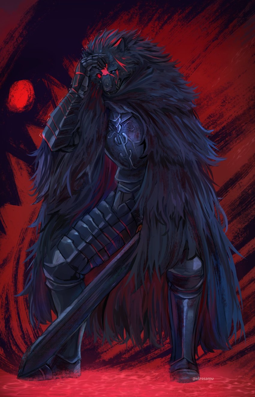 1boy, armor, blaidd_the_half-wolf, blood, blood_on_face, breastplate, cloak, elden_ring, etrosamu, fur_cloak, furry, furry_male, gauntlets, greatsword, greaves, hand_on_own_head, highres, holding, holding_sword, holding_weapon, huge_weapon, male_focus, armored_boots, red_eyes, solo, spoilers, sword, weapon, wide-eyed