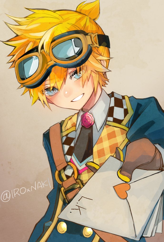 1boy, aqua_eyes, bishounen, blonde_hair, blue_eyes, envelope, giving, goggles