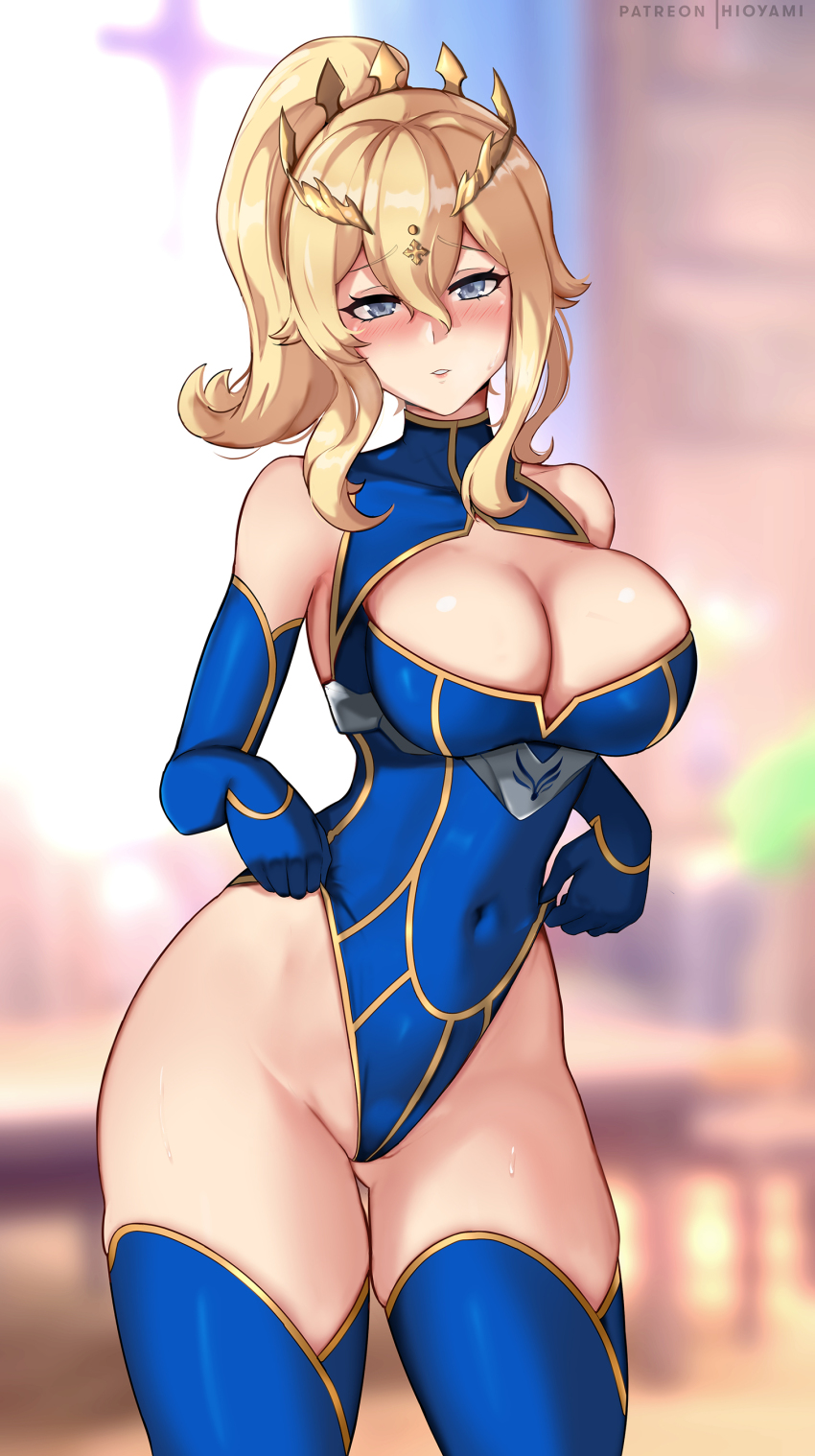 1girl, absurdres, adjusting_clothes, artoria_pendragon_(fate), artoria_pendragon_(lancer)_(fate), artoria_pendragon_(lancer)_(fate)_(cosplay), artoria_pendragon_(lancer)_(third_ascension)_(fate), blonde_hair, blue_eyes, blue_gloves, blue_thighhighs, blush, breasts, cleavage, cosplay, covered_collarbone, covered_navel, crown, elbow_gloves, fate/grand_order, fate_(series), genshin_impact, gloves, heattech_leotard, highres, hioyami, jean_(genshin_impact), large_breasts, long_hair, looking_at_viewer, thick_thighs, thighhighs, thighs, turtleneck