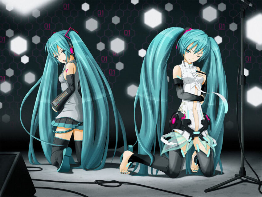 1girl, black_background, black_footwear, black_gloves, black_skirt, blue_eyes, blue_hair, blush