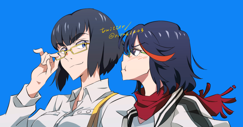 2girls, bespectacled, black_hair, blue_background, blue_eyes, glasses, kill_la_kill, kiryuuin_satsuki