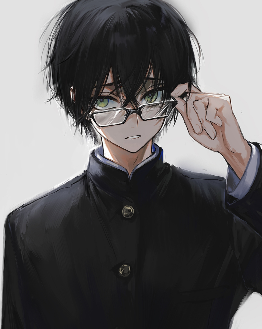 1boy, absurdres, adjusting_eyewear, black_hair, buttons, gakuran, glasses, green_eyes