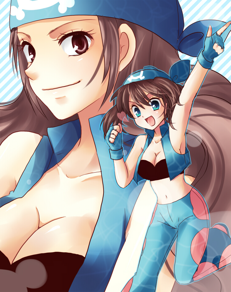 2girls, alternate_costume, alternate_headwear, armpits, bandana, blue_eyes, breasts, brown_eyes