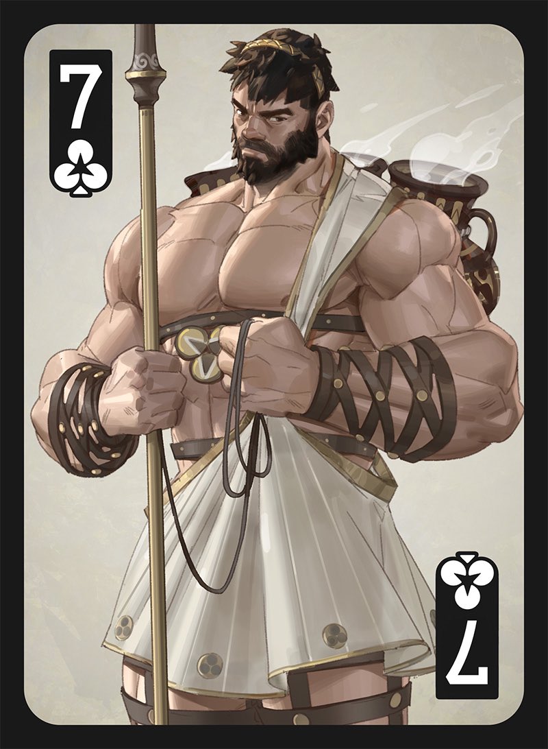 1boy, bara, beard, biceps, black_eyes, black_hair, card, clover