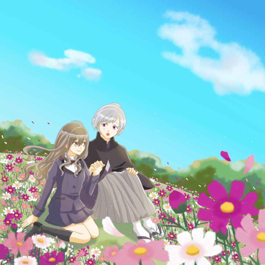 1boy, 1girl, black_footwear, black_legwear, blush, brown_eyes, brown_hair, chiyo_(shinigami_to_shoujo)