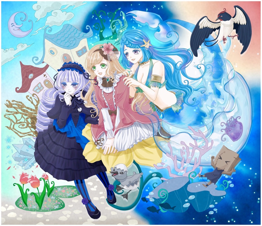 3girls, armlet, baby_animal, bag, bag_on_head, bikini, bikini_top_only, bird, blue_dress, blue_hair, bow, braid, breasts, charlotte_(zettai_meikyuu_himitsu_no_oyayubi-hime), cleavage, closed_mouth, cloud, coral, dress, drill_hair, duck, duckling, eggshell_hat, esheru_(zettai_meikyuu_himitsu_no_oyayubi-hime), eyeshadow, fish, flower, gothic_lolita, green_eyes, hair_bow, hair_flower, hair_ornament, hairband, highres, jellyfish, jewelry, lolita_fashion, lolita_hairband, makeup, mermaid, monster_girl, moon, multiple_girls, open_mouth, pantyhose, paper_bag, pink_dress, purple_eyes, siegward_(zettai_meikyuu_himitsu_no_oyayubi-hime), silver_hair, smile, starfish_hair_ornament, striped_clothes, striped_legwear, striped_pantyhose, svia_(zettai_meikyuu_himitsu_no_oyayubi-hime), swallow_(bird), swimsuit, vertical-striped_clothes, vertical-striped_pantyhose, yuzuponzu, zettai_meikyuu_himitsu_no_oyayubi-hime