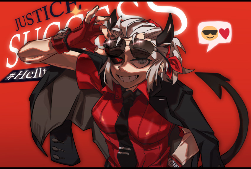 1girl, 3hkowalski, adjusting_eyewear, black-framed_eyewear, black_jacket, black_necktie, blazer, character_name, commentary, copyright_name, demon_girl, demon_horns, demon_tail, dress_shirt, emoji, english_text, fingerless_gloves, gloves, grey_eyes, grey_hair, grin, hair_pulled_back, hand_in_pocket, heart, helltaker, highres, horns, jacket, jacket_on_shoulders, justice_(helltaker), looking_at_viewer, necktie, ponytail, red_background, red_eyes, red_gloves, red_shirt, shirt, short_hair, short_ponytail, short_sleeves, simple_background, smile, solo, speech_bubble, sunglasses, tail, text_background, white_hair, wing_collar