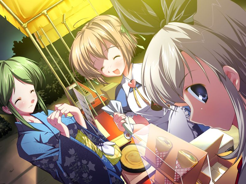 3girls, apron, blue_eyes, crepe, closed_eyes, festa!!_hyper_girls_pop, food, food_stand