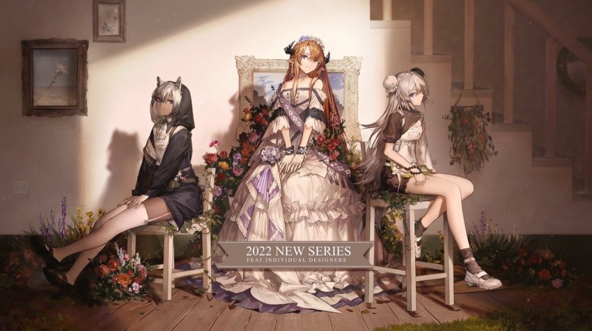 2022, 3girls, arknights, black_footwear, black_jacket, black_legwear, chair, dark-skinned_female, dark_skin, double_bun, dress, female_focus, flower, full_body, hair_bun, highres, horns, indoors, jacket, long_hair, long_sleeves, looking_at_viewer, mulberry_(arknights), mulberry_(plant_crude_drug)_(arknights), multiple_girls, official_alternate_costume, official_art, pointy_ears, red_flower, red_rose, rose, saileach_(appreciate_fragrance)_(arknights), saileach_(arknights), sitting, thighhighs, third-party_source, tuye_(arknights), tuye_(cultivate_vegetation)_(arknights), wedding_dress, white_dress, white_footwear, white_legwear