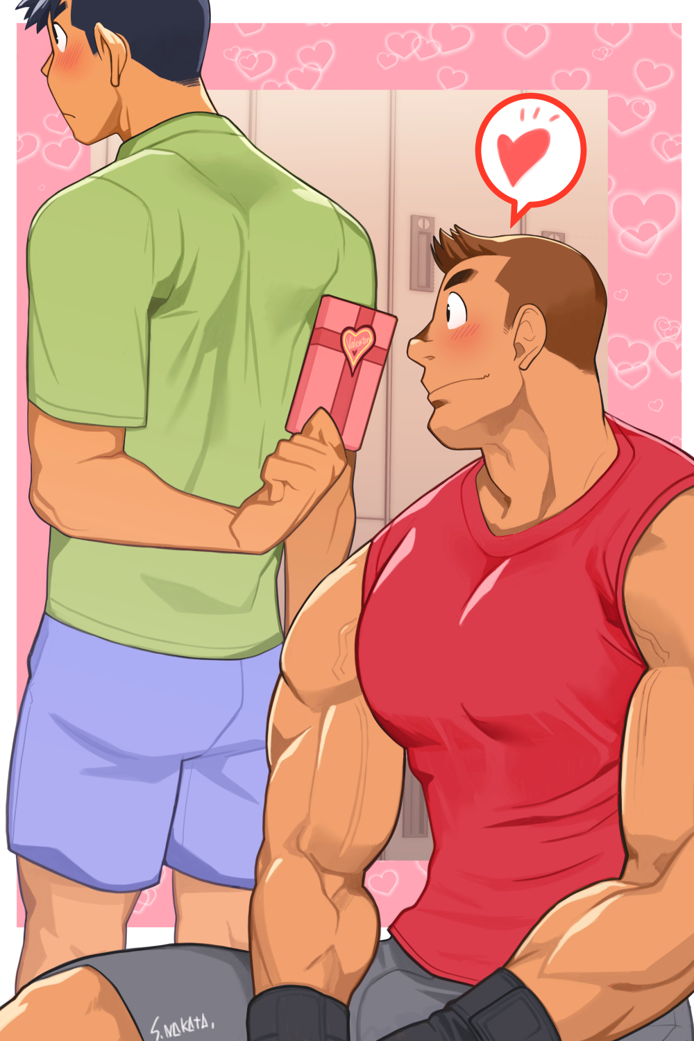 2boys, artist_name, bara, black_eyes, black_hair, blush, brown_hair, collared_shirt, couple, gift, gloves, heart, highres, locker, locker_room, male_focus, manly, multiple_boys, muscular, muscular_arms, muscular_male, nakata_shunpei, original, pectorals, shirt, shorts, smile, tank_top, thick_eyebrows, valentine, veins, veiny_arms, yaoi