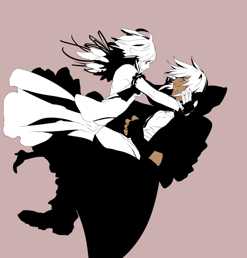 10s, albino, blue_eyes, chiot_(god_eater), dark_skin, dress, fingerless_gloves, gloves