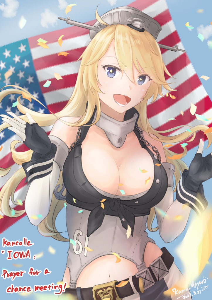 1girl, american_flag, blonde_hair, blue_eyes, breasts, english_text, fingerless_gloves, front-tie_top, gloves, headgear, iowa_(kancolle), kamo_mayor, kantai_collection, large_breasts, miniskirt, navel, open_mouth, skirt, solo, star-shaped_pupils, star_(symbol), striped_clothes, striped_skirt, symbol-shaped_pupils, upper_body, vertical-striped_clothes, vertical-striped_skirt