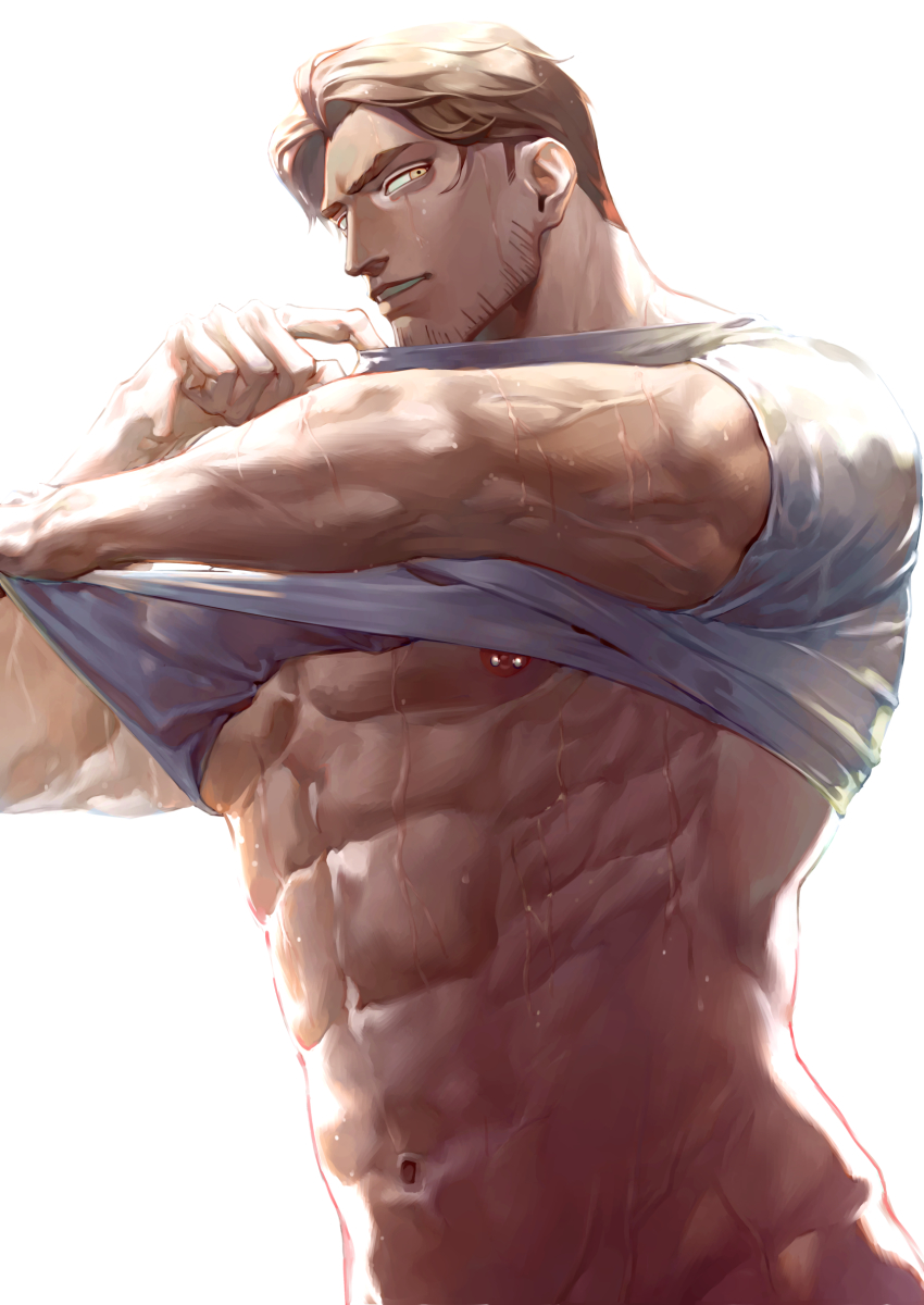 1boy, abs, absurdres, bara, blonde_hair, clothes_lift, facial_hair, highres