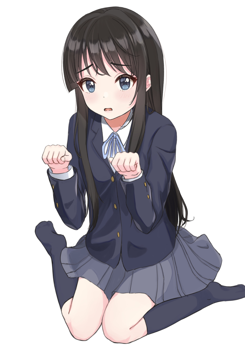 1girl, akiyama_mio, black_hair, black_socks, blazer, blue_eyes, blue_jacket, blue_ribbon, blue_skirt, blush, buttoned_cuffs, buttons, commentary_request, full_body, highres, hime_cut, jacket, k-on!, kneehighs, long_hair, long_sleeves, looking_at_viewer, miniskirt, neck_ribbon, open_mouth, paw_pose, ribbon, sakuragaoka_high_school_uniform, school_uniform, shiron_23, shirt, shy, sidelocks, simple_background, sitting, skirt, socks, wariza, white_background, white_shirt