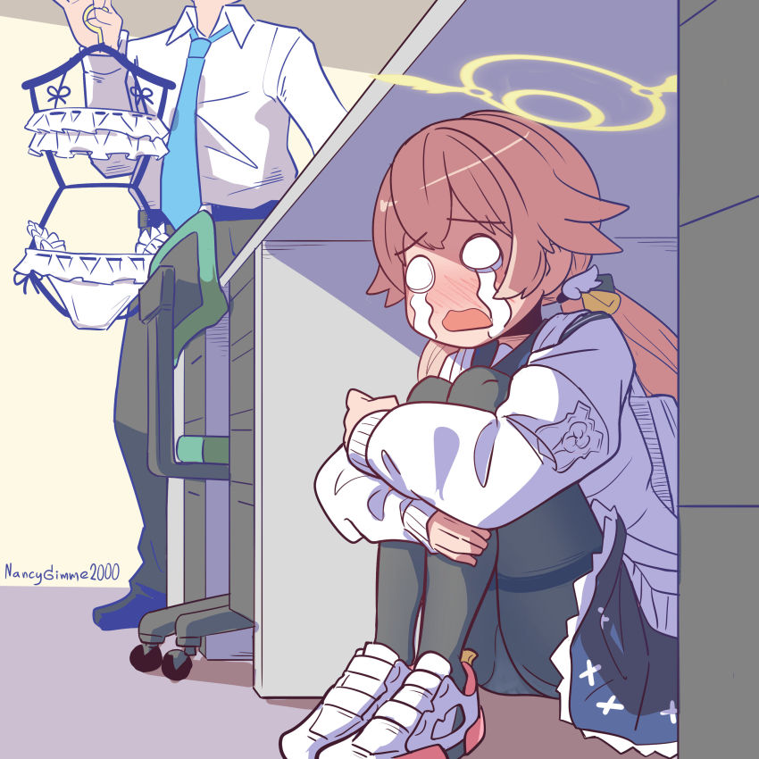 1boy, 1girl, absurdres, anime_girl_hiding_from_a_terminator_(meme), bikini, black_footwear, black_pantyhose, black_skirt, blue_archive, clothes_hanger, commentary, crying, crying_with_eyes_open, desk, english_commentary, frilled_bikini, frills, gimme2000, hair_between_eyes, hair_ornament, halo, hiding, hifumi_(blue_archive), highres, holding, light_brown_hair, long_hair, long_sleeves, low_twintails, meme, necktie, out_of_frame, panties, panties_under_pantyhose, pantyhose, pantyshot, parody, pleated_skirt, school_uniform, sensei_(blue_archive), serafuku, shoes, sidelocks, skirt, sneakers, squatting, streaming_tears, swimsuit, tears, terminator_(series), twintails, underwear, unworn_bikini, white_bikini, white_panties, wing_hair_ornament