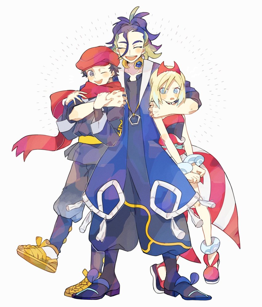 1girl, 2boys, adaman_(pokemon), arm_wrap, blonde_hair, blue_coat, blue_hair, coat, eyebrow_cut, galaxy_expedition_team_survey_corps_uniform, hairband, highres, irida_(pokemon), jewelry, kajiki_umum, lifting_person, multicolored_hair, multiple_boys, neck_ring, nintendo, pokemon, pokemon_legends:_arceus, red_footwear, red_hairband, red_headwear, red_scarf, rei_(pokemon), scarf, shirt, smile, strapless, strapless_shirt, waist_cape
