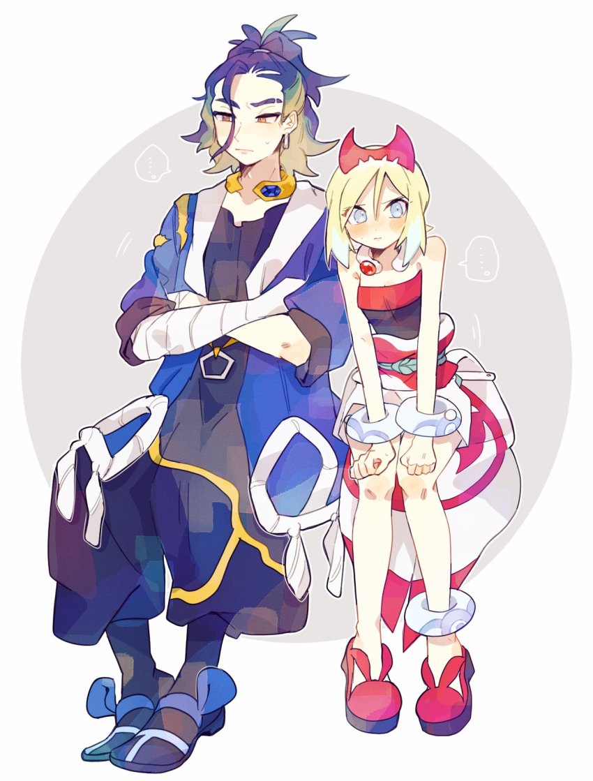 1boy, 1girl, adaman_(pokemon), arm_wrap, blue_coat, blue_hair, brown_eyes, coat, eyebrow_cut, green_hair, hairband, highres, irida_(pokemon), jewelry, kajiki_umum, multicolored_hair, neck_ring, nintendo, pokemon, pokemon_legends:_arceus, red_hairband, shirt, shorts, strapless, strapless_shirt, waist_cape, white_shorts