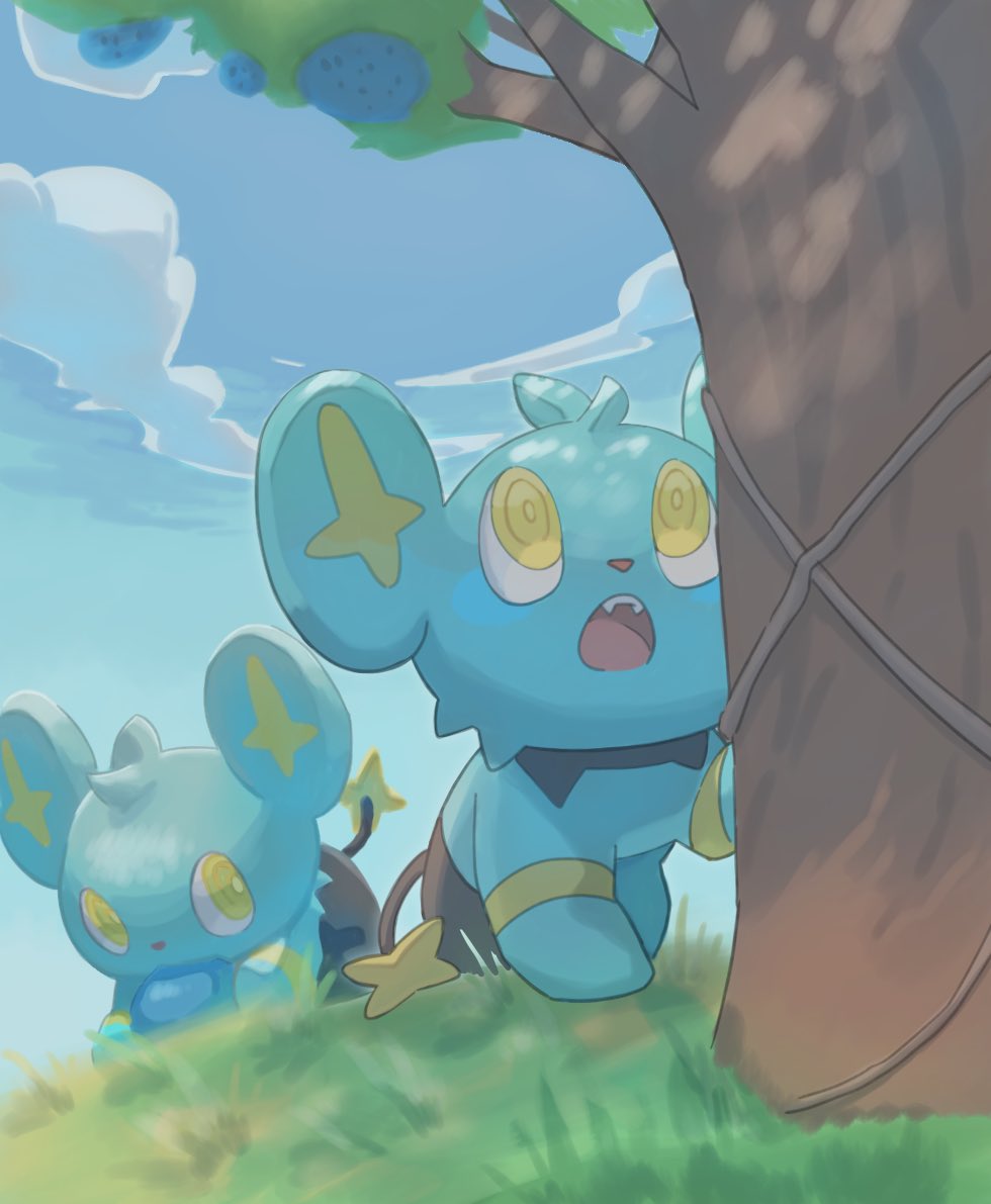 73sitimi, berry_(pokemon), blue_sky, blurry, cloud, commentary_request, gen_4_pokemon, grass, looking_up, nintendo, no_humans, open_mouth, oran_berry, pokemon, pokemon_(creature), shinx, sky, teeth, tongue, tree, upper_teeth_only, yellow_eyes, yellow_pupils