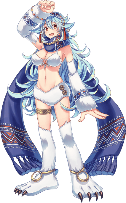 1girl, animal_ears, animal_feet, anklet, artist_request, blue_hair, bracelet, brown_eyes, earrings, fingernails, full_body, fur_bikini, hair_between_eyes, jewelry, large_hands, leglet, long_hair, midriff, miti_(monster_musume), monster_musume_no_iru_nichijou, monster_musume_no_iru_nichijou_online, navel, official_art, scarf, solo, thighlet, transparent_background, very_long_hair