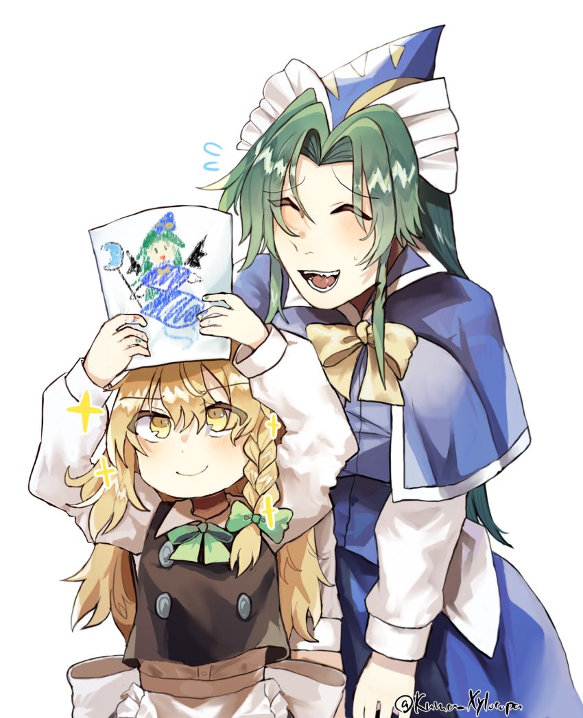 2girls, aged_down, blonde_hair, bow, braid, capelet, drawing, dress, green_hair, hair_bow, hat, highres, kirisame_marisa, kuma_xylocopa, long_hair, mima_(touhou), multiple_girls, open_mouth, ribbon, short_hair, single_braid, smile, touhou, wizard_hat, yellow_eyes