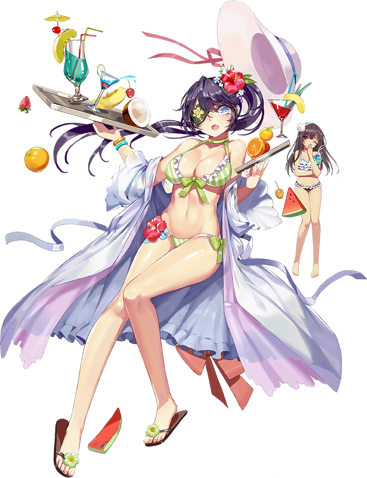 2girls, :o, alternate_costume, barefoot, bikini, black_hair, blue_eyes, blush