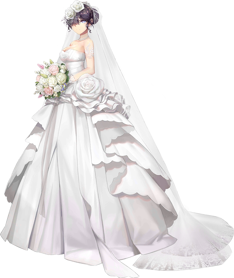 1girl, alternate_costume, armband, bare_shoulders, blue_eyes, bouquet, breasts, bridal_veil, bride, cleavage, closed_mouth, collarbone, crown, d._(ddot2018), dress, earrings, flower, formal_clothes, frilled_dress, frills, full_body, gloves, gown, hair_bun, hair_flower, hair_ornament, hair_over_one_eye, holding, holding_bouquet, iron_saga, jewelry, large_breasts, logo, long_dress, long_hair, looking_at_viewer, necklace, official_art, pearl_necklace, purple_hair, rose, serenity_(iron_saga), serenity_(iron_saga)_(bride), sidelocks, single_hair_bun, solo, standing, strapless, strapless_dress, tiara, transparent_background, underbust, veil, wedding_dress, white_dress, white_flower, white_gloves