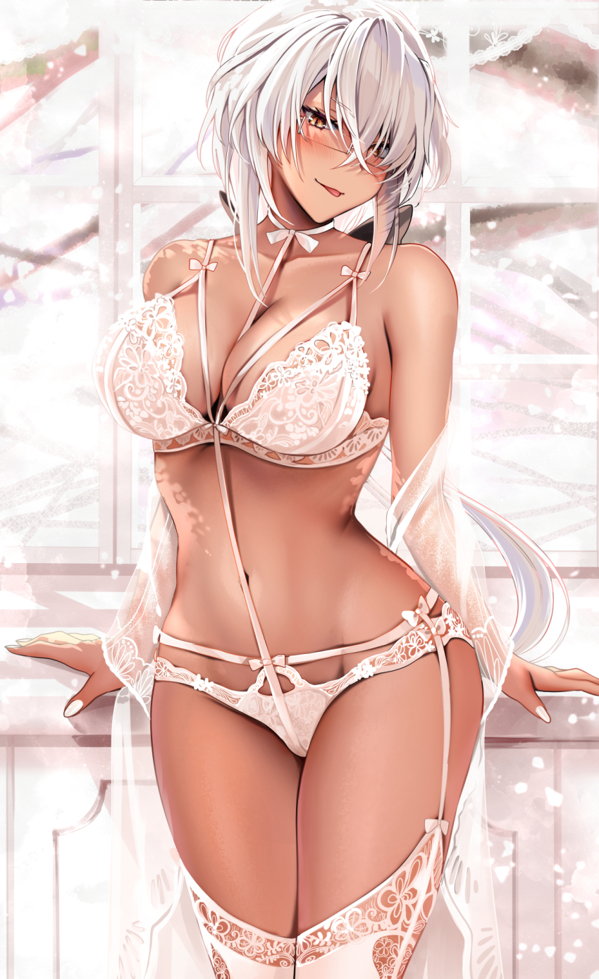 1girl, blush, bra, breasts, brown_eyes, cherry_blossoms, cleavage, collarbone