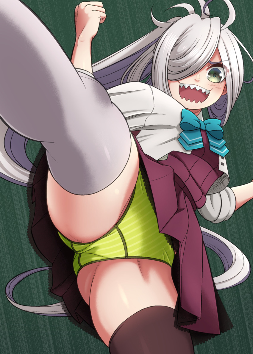 1girl, asashimo_(kancolle), asashimo_kai_ni_(kancolle), asymmetrical_legwear, brown_thighhighs, clenched_hand, dress, green_background, green_eyes, grey_hair, grey_thighhighs, hair_over_one_eye, highres, jougenmushi, kantai_collection, long_hair, mismatched_legwear, motion_lines, open_mouth, panties, pantyshot, ponytail, sharp_teeth, short_dress, smile, speed_lines, striped_clothes, striped_panties, teeth, thighhighs, underwear